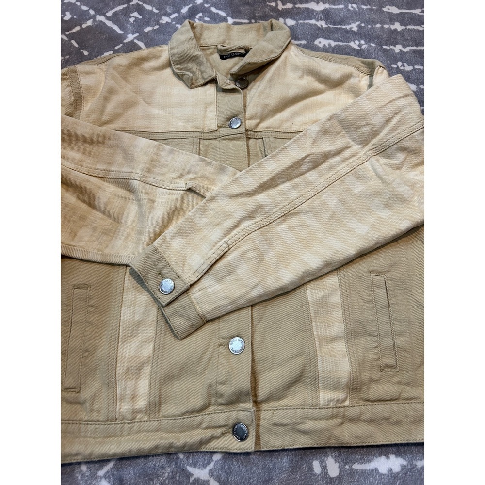3/$30 Nasty Gal Women's Plaid Sleeve Denim Jacket Beige Button Up Casual‎ Coat